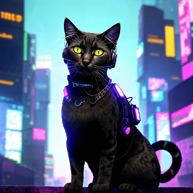 Zdjęcie futurystyczne science fiction neonowego kota w generatywnej sztucznej inteligencji miasta nocą