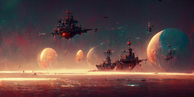 Futurystyczne statki kosmiczne bitewne science fiction unoszą się nad kwaśnym oceanem obcej planety, renderowanie 3d.