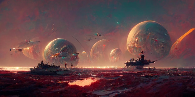 Futurystyczne statki kosmiczne bitewne science fiction unoszą się nad kwaśnym oceanem obcej planety, renderowanie 3d.