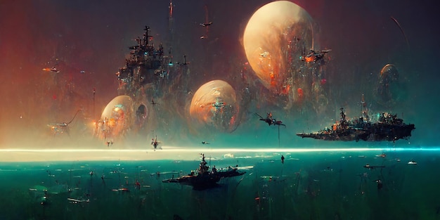 Futurystyczne statki kosmiczne bitewne science fiction unoszą się nad kwaśnym oceanem obcej planety, renderowanie 3d.