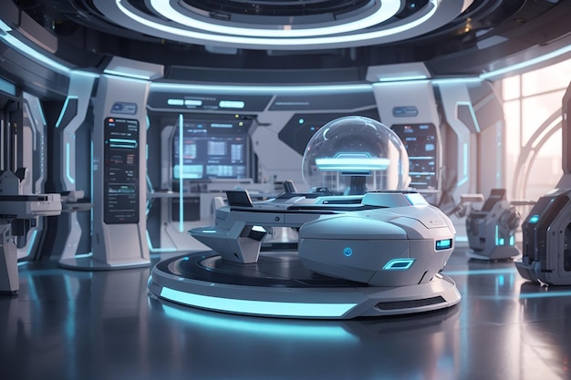Futurystyczne wnętrze pokoju badawczego scifi z renderowaniem 3D maszyny z hologramem