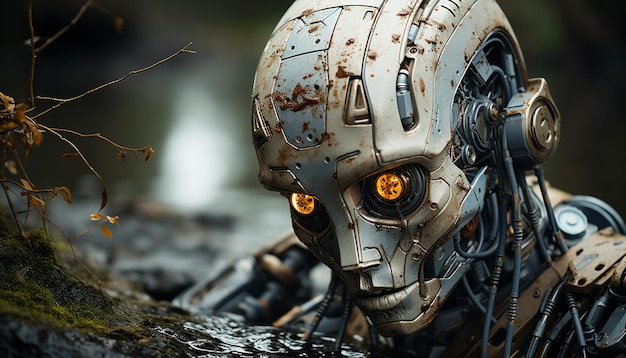 Futurystyczni mężczyźni-roboty w technologii horroru naukowego, cyborga, upiornych maszyn metalowych generowanych przez sztuczną inteligencję
