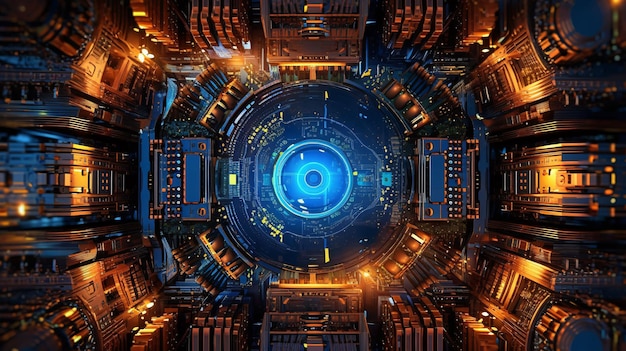 Futurystycznie wyglądające koło z niebieskim kółkiem ze słowem cyberpunk.