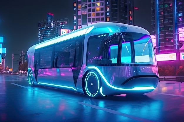 Futurystyczny autobus elektryczny na futurystycznej ulicy miasta z latającymi samochodami i holograficznymi reklamami