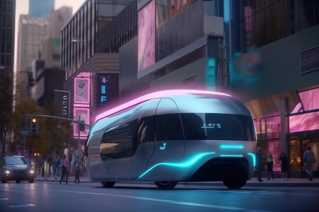 Futurystyczny autobus elektryczny na futurystycznej ulicy miasta z reklamami holograficznymi i latającymi dronami