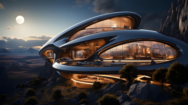 Futurystyczny budynek na tle krajobrazu skalistego klifu Generacyjna sztuczna inteligencja
