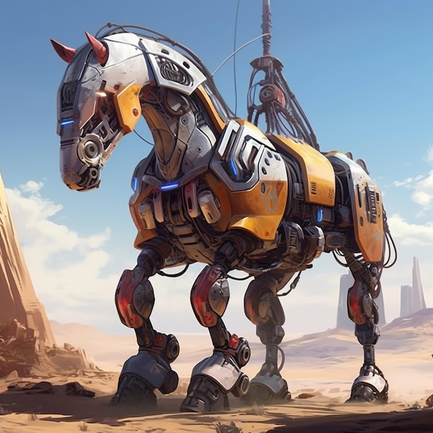 Futurystyczny cyborg robot koń stojący technologia zwierzęca obraz AI Generated Art