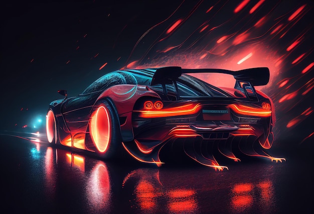 Futurystyczny czerwony samochód w ciemności z lekkimi śladami ilustracyjny AI generatywny