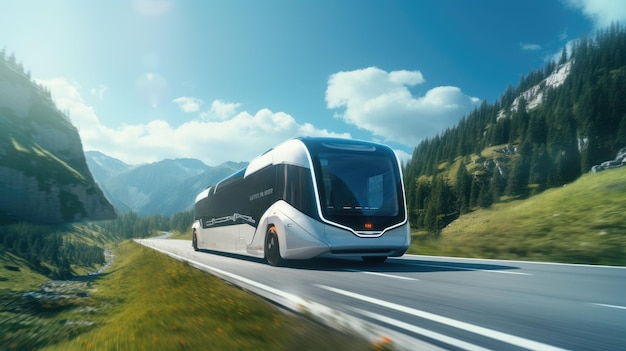 Futurystyczny elektryczny autobus autonomiczny jeżdżący na otwartej autostradzie