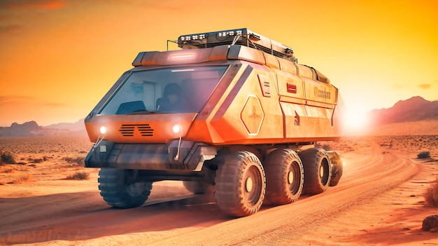 Zdjęcie futurystyczny elektryczny pojazd do transportu ładunków na odległej pustynnej drodze, charakteryzujący się wytrzymałością i niezawodnością