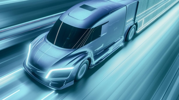 Zdjęcie futurystyczny elektryczny samochód ciężarowy na autostradzie, prezentujący nowy poziom logistyki i transportu