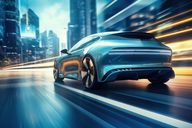 Futurystyczny elektryczny samochód typu liftback na zewnątrz na nowoczesnej ulicy miasta nieostry generatywna sztuczna inteligencja