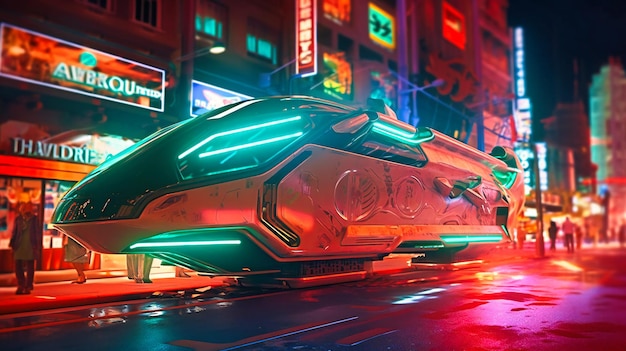 Zdjęcie futurystyczny elektryczny transport ładunków przejeżdża nocą przez oświetlone neonami miasto, podkreślając jego elegancki wygląd