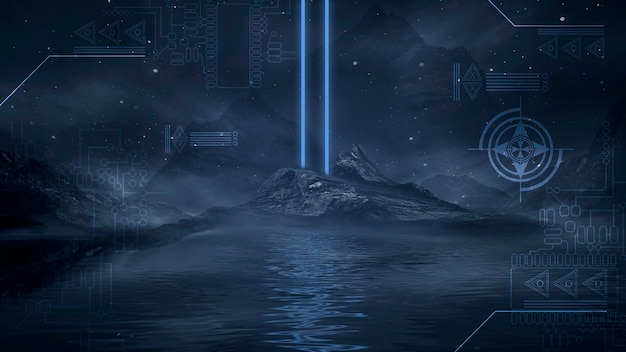 Futurystyczny Fantasy Nocny Krajobraz Z Odbiciem światła W Wodzie. Neon Kosmiczna Galaktyka Portal Ilustracja 3d