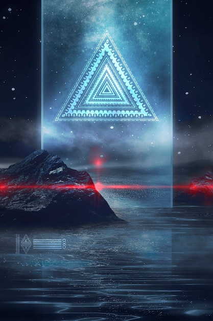 Futurystyczny Fantasy Nocny Krajobraz Z Odbiciem światła W Wodzie. Neon Kosmiczna Galaktyka Portal Ilustracja 3d