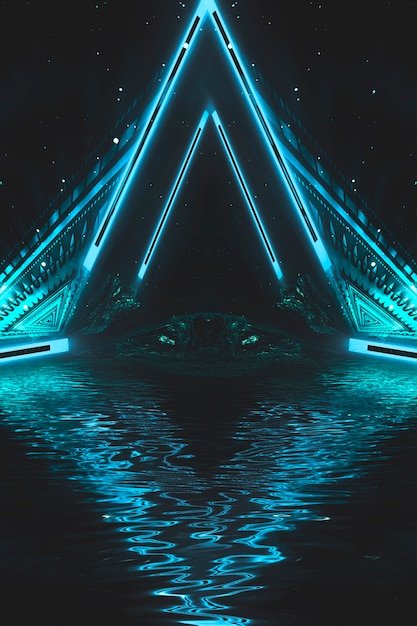 Futurystyczny fantasy nocny krajobraz z odbiciem światła w wodzie. Neon kosmiczna galaktyka portal ilustracja 3D