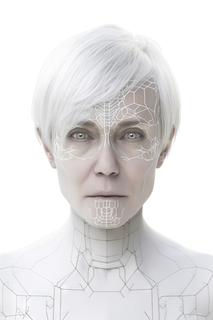 Futurystyczny hiperrealistyczny humanoid AI z krótkimi blond włosami