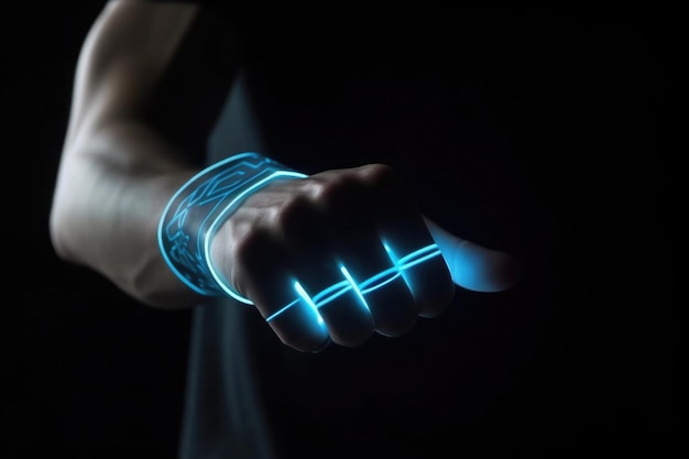 Zdjęcie futurystyczny inteligentny zegarek na ludzkiej dłoni generqative ai