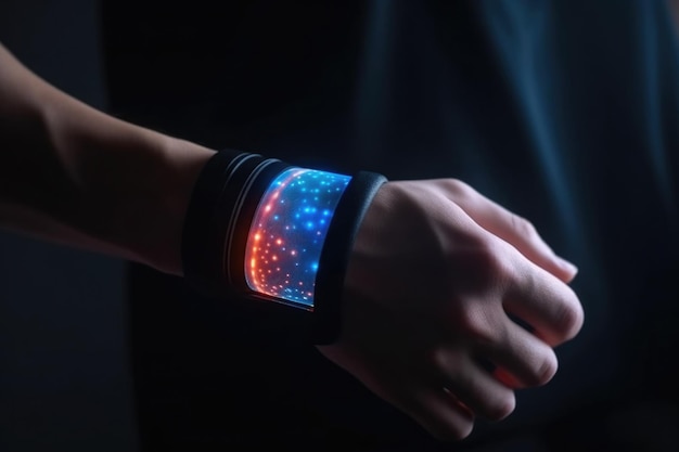 Futurystyczny inteligentny zegarek na ludzkiej dłoni Generqative AI