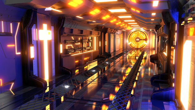 Zdjęcie futurystyczny korytarz science fiction świecący neonowym portalem