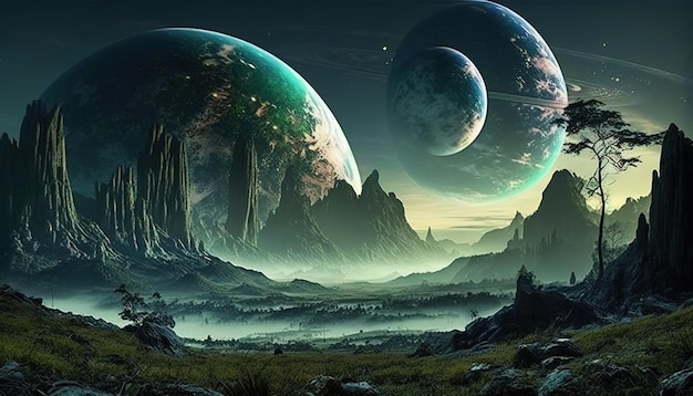 Futurystyczny krajobraz fantasy góra scifi z planetą galaktyką neonową zimną planetą Ai generuje