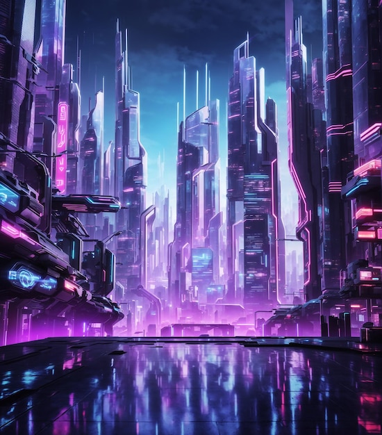 futurystyczny krajobraz miejski z wysokimi drapaczami chmur i neonowymi światłami