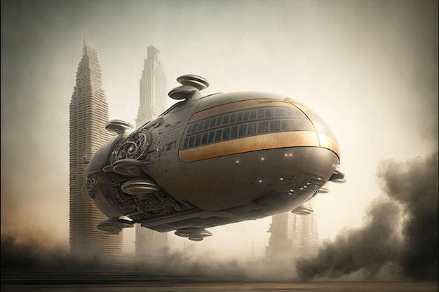 Futurystyczny latający transport miejski wznoszący kurz na niebie stworzony za pomocą generatywnej sztucznej inteligencji
