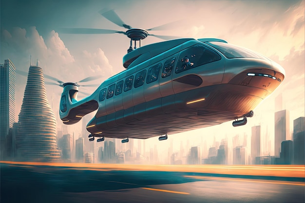 Futurystyczny latający transport miejski z dużymi oknami i kabiną stworzony za pomocą generatywnej sztucznej inteligencji