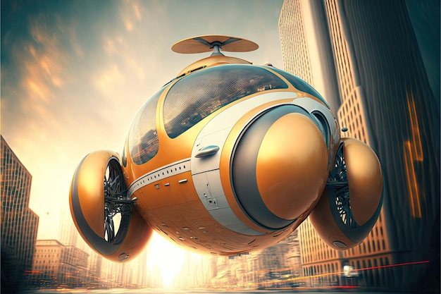 Futurystyczny latający transport miejski ze sferyczną kabiną i śmigłami stworzony za pomocą generatywnej sztucznej inteligencji