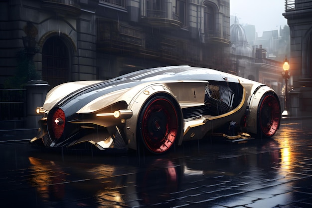 Futurystyczny luksusowy super samochód zaparkowany na tle miasta ulicy
