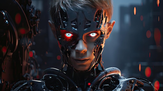 Futurystyczny mężczyzna w garniturze z czerwonymi oczami pokazuje styl high-tech