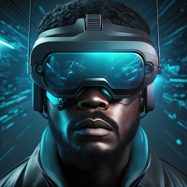 Futurystyczny mężczyzna w okularach 3D VR szuka ilustracji 3D