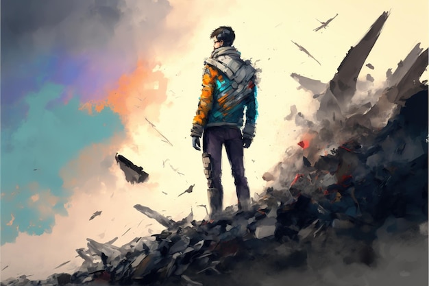 Futurystyczny mężczyzna z bronią hightech stojący na gruzach ilustracja w stylu sztuki cyfrowej malarstwo fantasy ilustracja futurystycznego mężczyzny z bronią w rękach