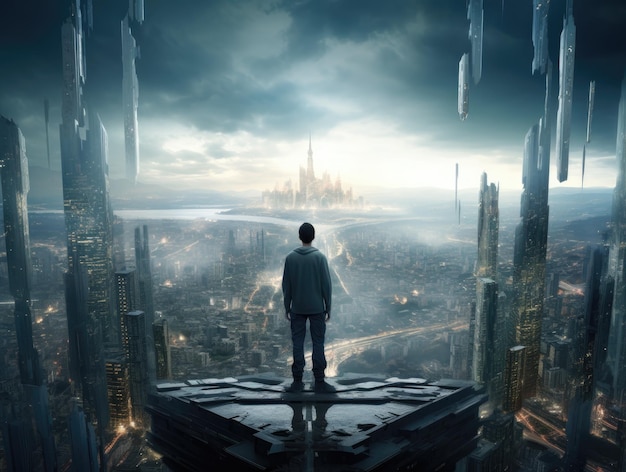 Futurystyczny miejski mężczyzna patrzący na miasto na skraju najwyższego budynku