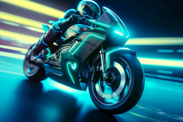Futurystyczny motocykl przejeżdżający przez neonowe światła miejskie stworzony za pomocą technologii Generative AI