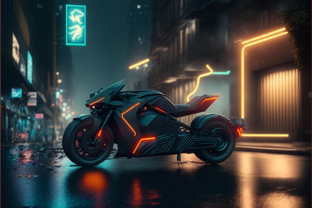 Futurystyczny motocykl w ciemnym mieście z neonowymi światłami z boku