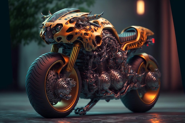 Futurystyczny motocykl ze złotą karoserią i czarną karoserią.