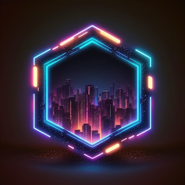 Futurystyczny neon świecący w sześciokątnym kształcie widoku miasta