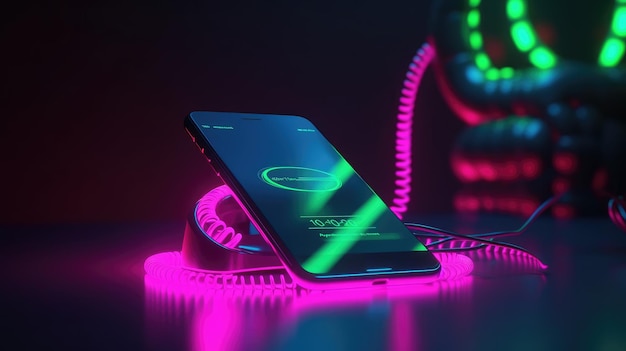 Futurystyczny neonowy telefon na ciemnym tle