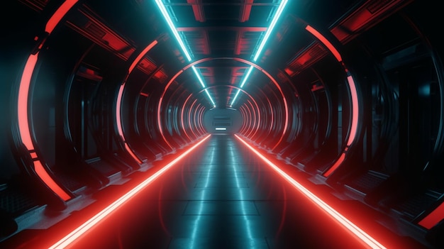 Futurystyczny neonowy tunel ze świecącymi lampami i odbiciami