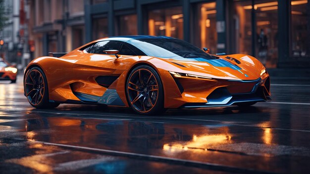 Futurystyczny niebieski i pomarańczowy samochód sportowy na holograficznym renderowaniu farby City Street
