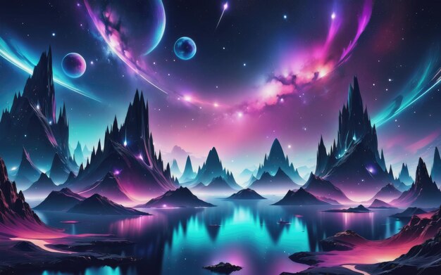 Futurystyczny nocny krajobraz fantasy z abstrakcyjnymi wyspami i nocnym niebem z galaktykami kosmicznymi