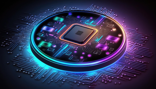 Futurystyczny nowoczesny nowy procesor komputerowy chip kolorowy neon świecący model procesora mikroprocesora