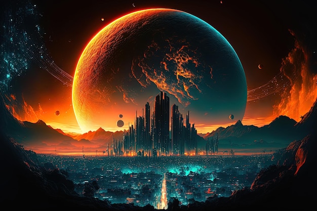 Futurystyczny obraz fantastycznego miasta w kosmosie z planetami