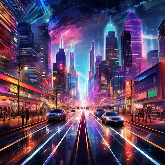 Futurystyczny pejzaż miejski nocą z żywymi neonami