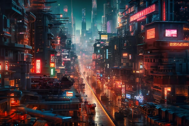 Futurystyczny pejzaż miejski poniżej wygląda jak z filmu science-fiction z migoczącymi neonami i latającymi samochodami przelatującymi w powietrzu