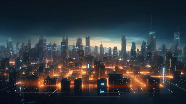 Futurystyczny pejzaż miejski w nocy z neonowymi światłami renderowania 3D generatywnego ai