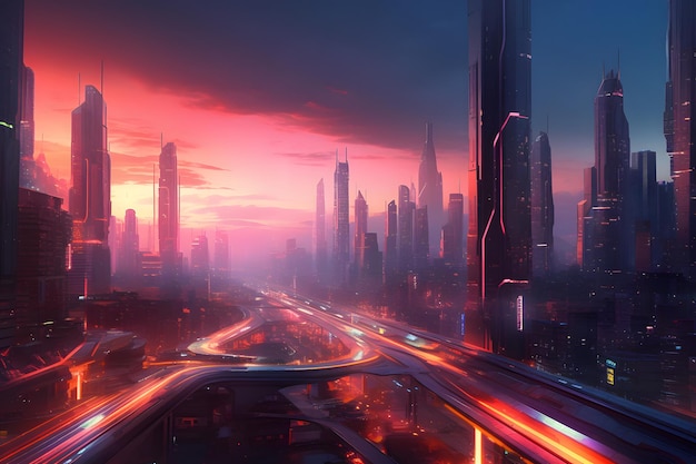 Futurystyczny pejzaż miejski z elegancką i nowoczesną architekturą oświetloną neonami i kolorowym niebem o zachodzie słońca Ilustracja dystopijna Generative Ai