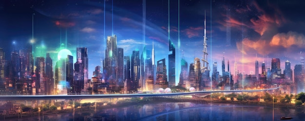 Futurystyczny pejzaż miejski z holograficznymi budynkami i zaawansowaną panoramą infrastruktury
