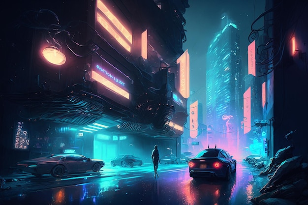 Futurystyczny pejzaż miejski z latającymi samochodami i neonowymi ulicami Generative AI Art